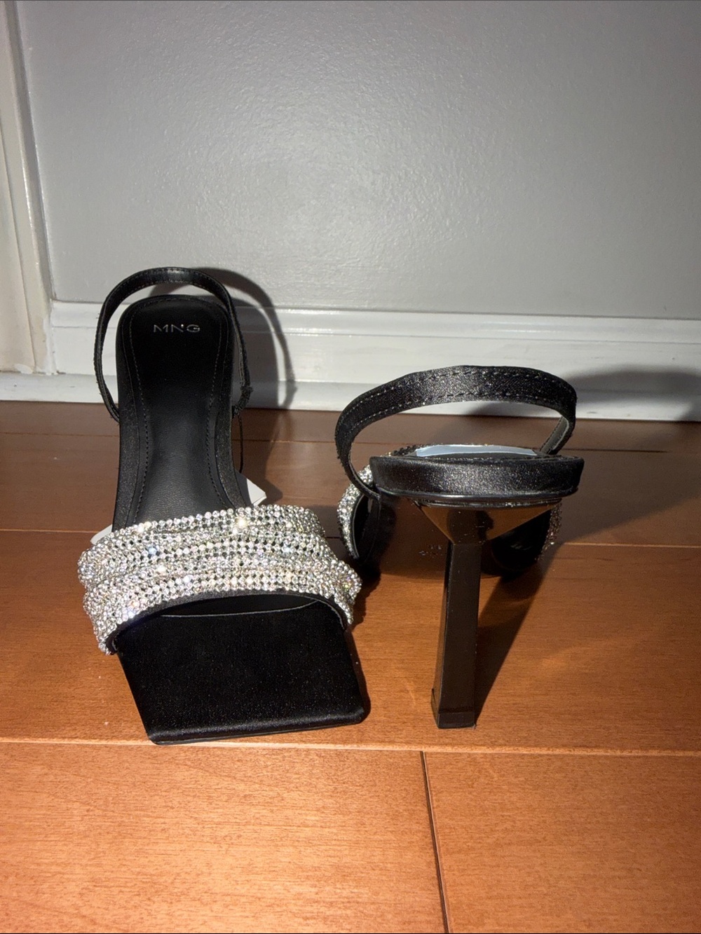 Mango Black Heeled Sandals with Rhinestone Front Strap